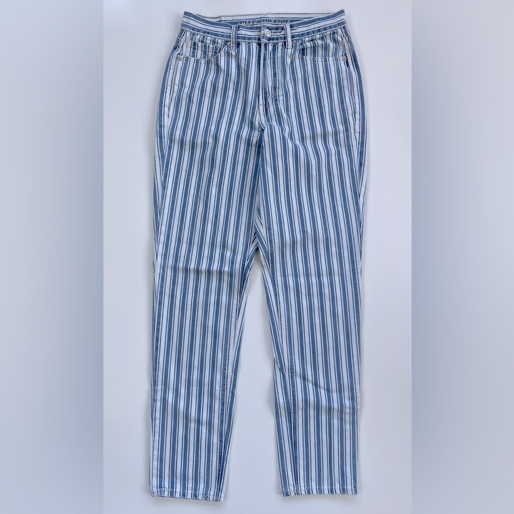 American Eagle Women's Blue White Striped High Rise Mom Jeans Size 2 Long
